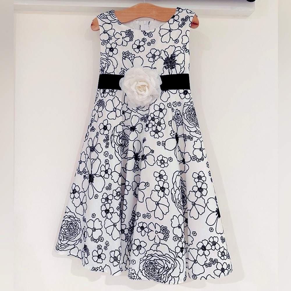 Dimples Dress White with Black Flocked Floral Design and Moveable Flower